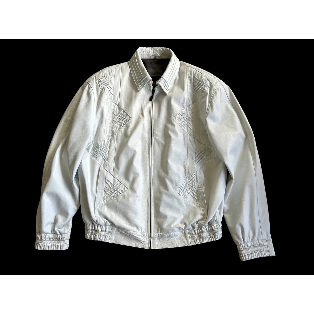Vintage White Leather Jacket Bomber Style Menswear Outerwear